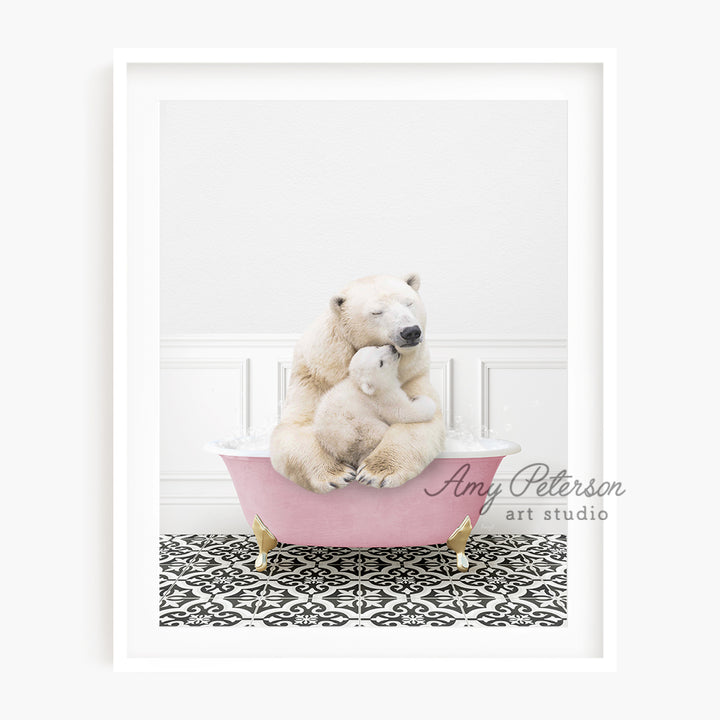 a polar bear sitting on top of a pink bath tub