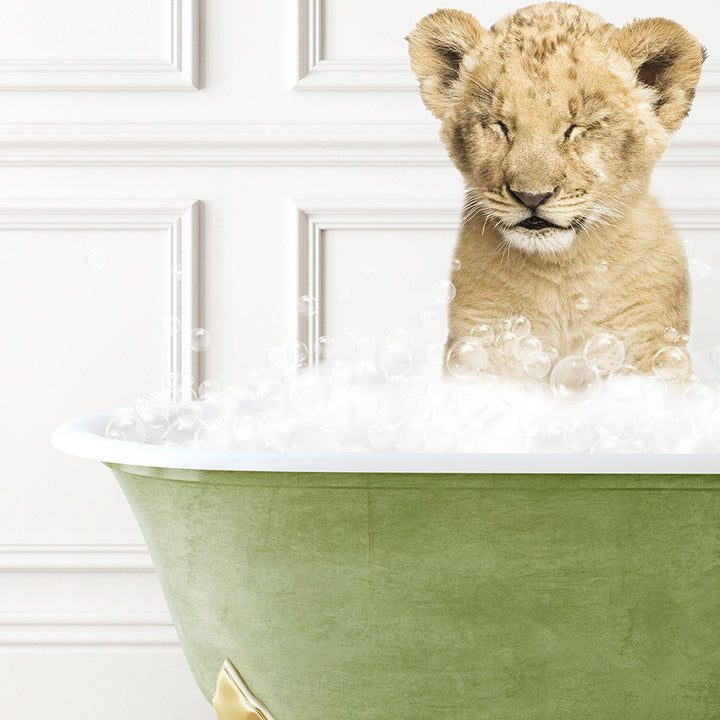 a lion cub sitting in a bath tub filled with bubbles