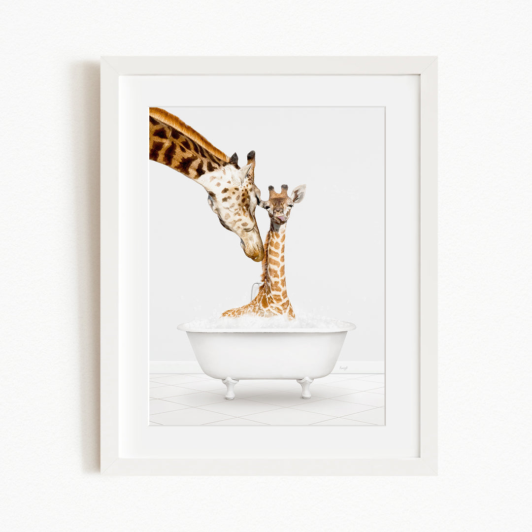 A mother giraffe and her baby giraffe are enjoying a relaxing bath together in a white bathtub.