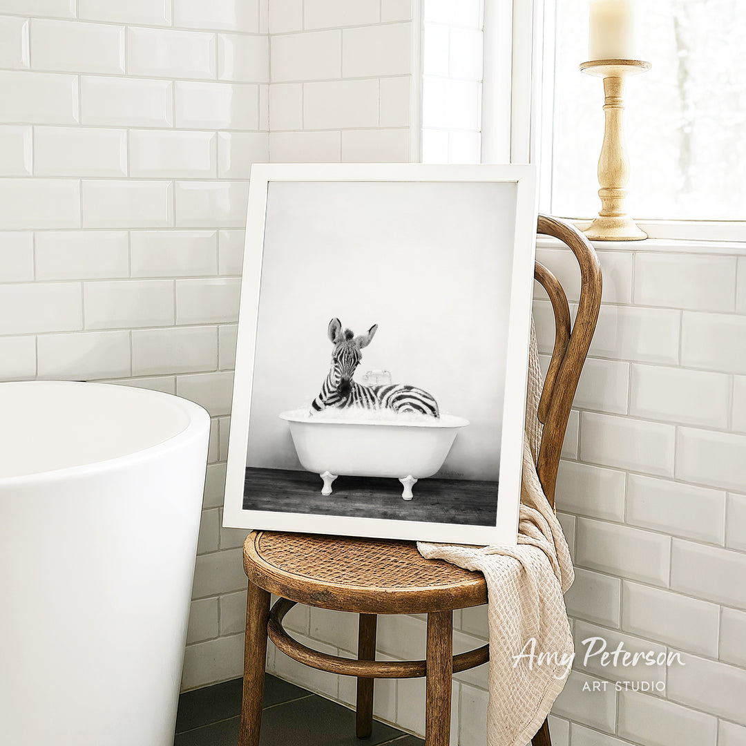 A framed black and white photograph of a zebra sitting in a bathtub, with a towel draped over the back of a wooden chair in a bathroom setting.