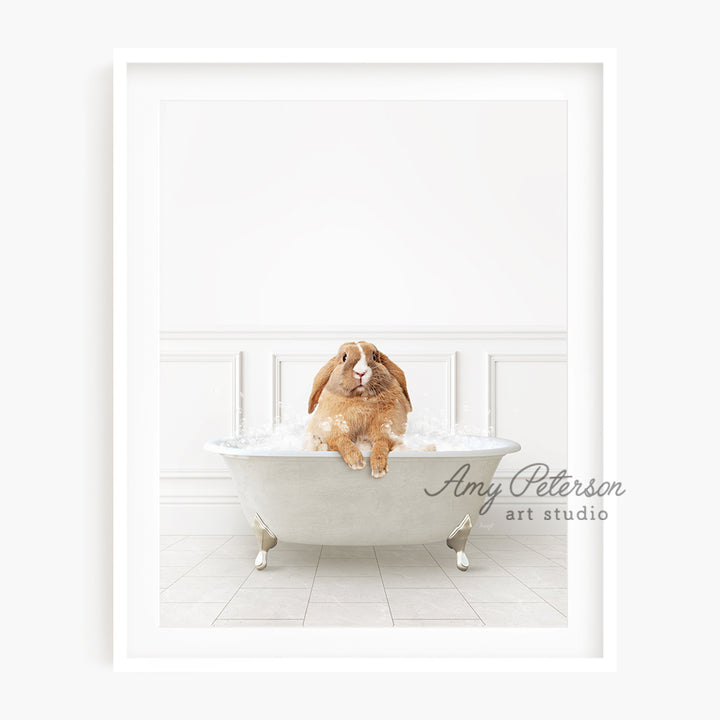 a dog sitting in a bathtub with a white wall in the background