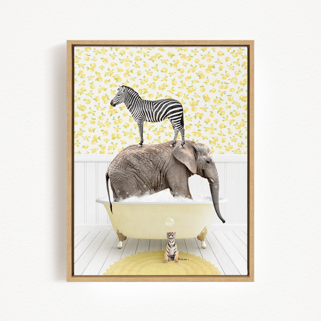 A zebra stands on the back of an elephant in a bathtub, with a small tiger sitting on the edge of the tub.
