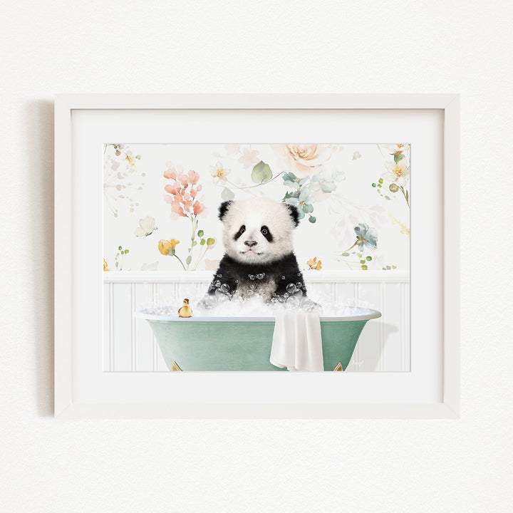 A panda bear sitting in a green bathtub filled with bubbles, surrounded by a floral background.