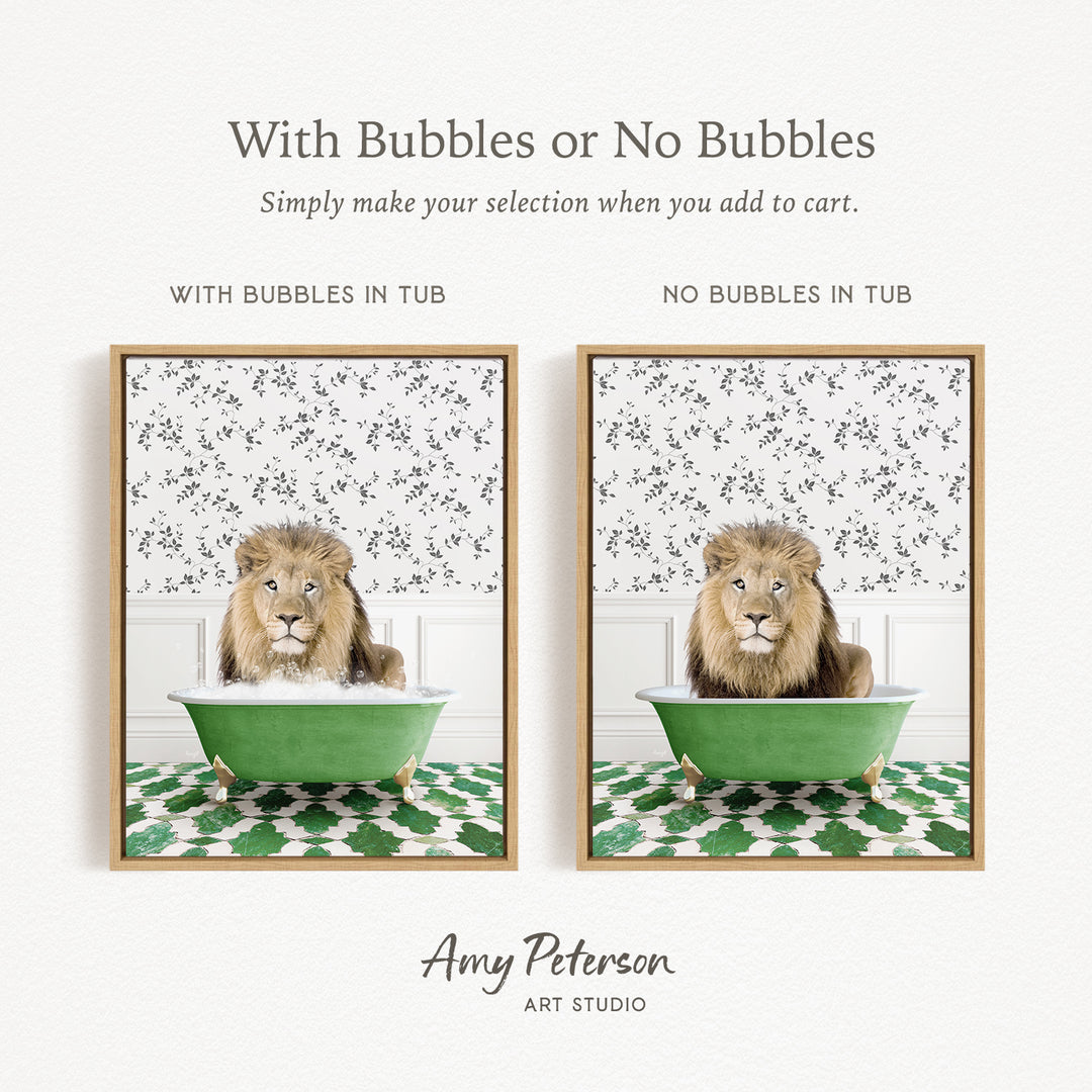 The image is a collage of two pictures featuring a lion sitting in a green tub, with one picture having bubbles and the other not. The text above the images reads "With Bubbles or No Bubbles Simply make your selection when you add to cart."