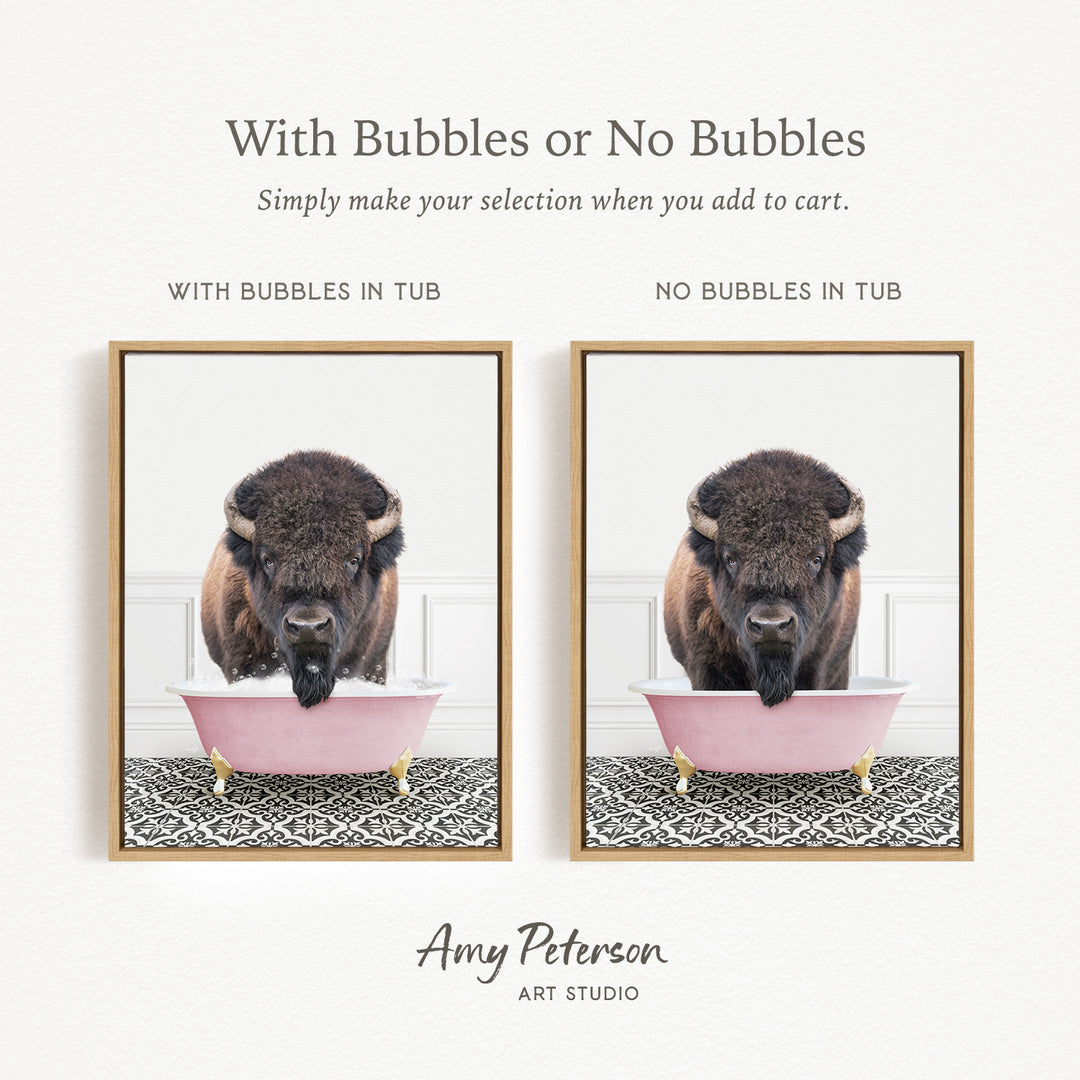 The image is a collage of two pictures featuring a buffalo in a pink bathtub. The buffalo is standing in the tub, and the image is labeled with the text "With Bubbles or No Bubbles" and "NO Bubbles in Tub".