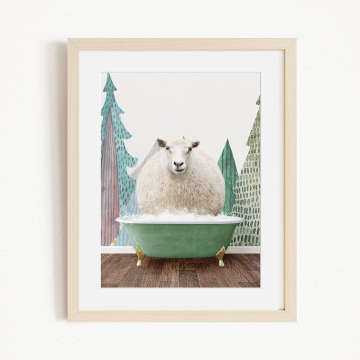 A fluffy white sheep sits in a green bathtub, surrounded by a forest scene with trees and a snowy landscape.