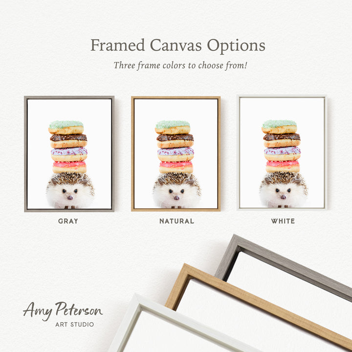 three framed canvas options featuring a stack of colorful donuts.