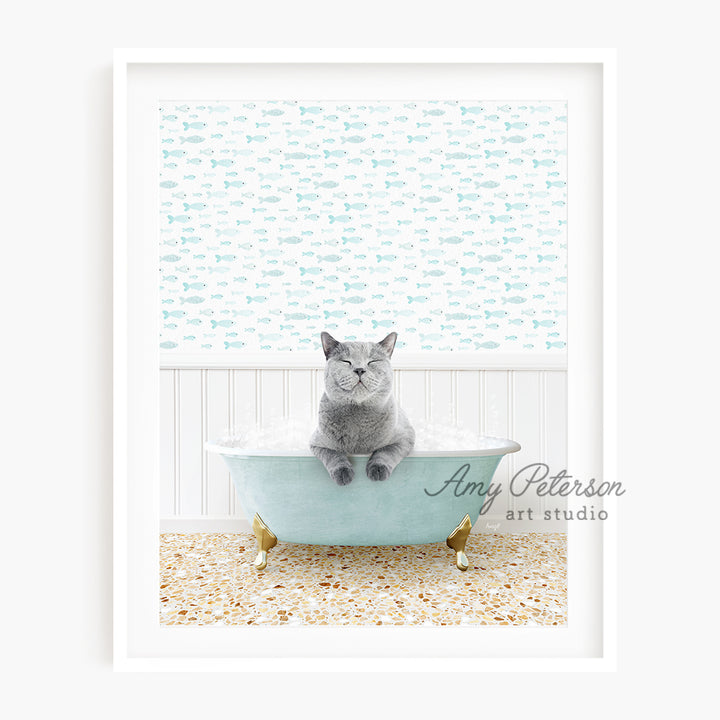 a gray cat sitting in a blue bath tub