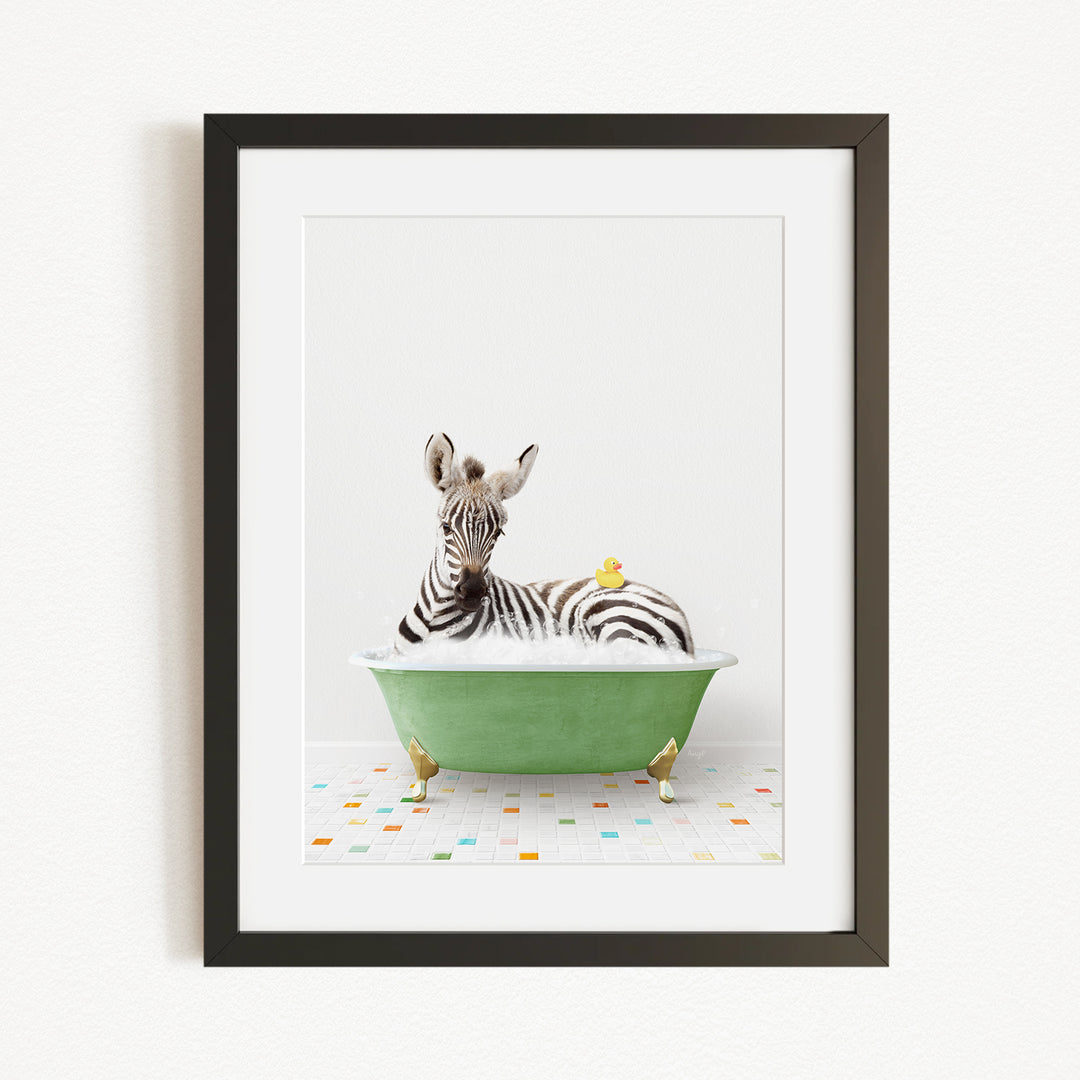A zebra is sitting in a green bathtub, surrounded by small yellow birds, creating a whimsical and playful scene.