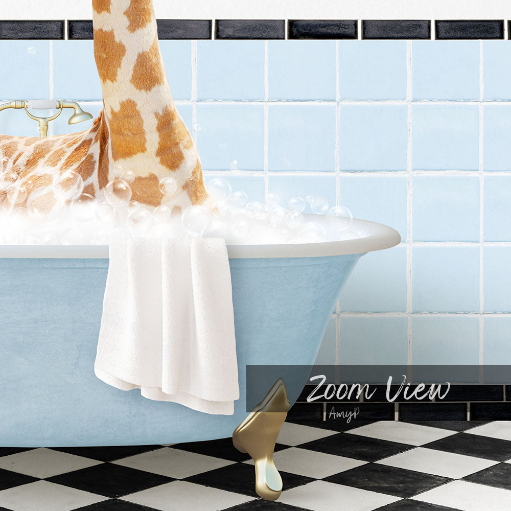 A giraffe is standing in a blue bathtub filled with bubbles, with a towel hanging on the side and a checkered floor in the background.