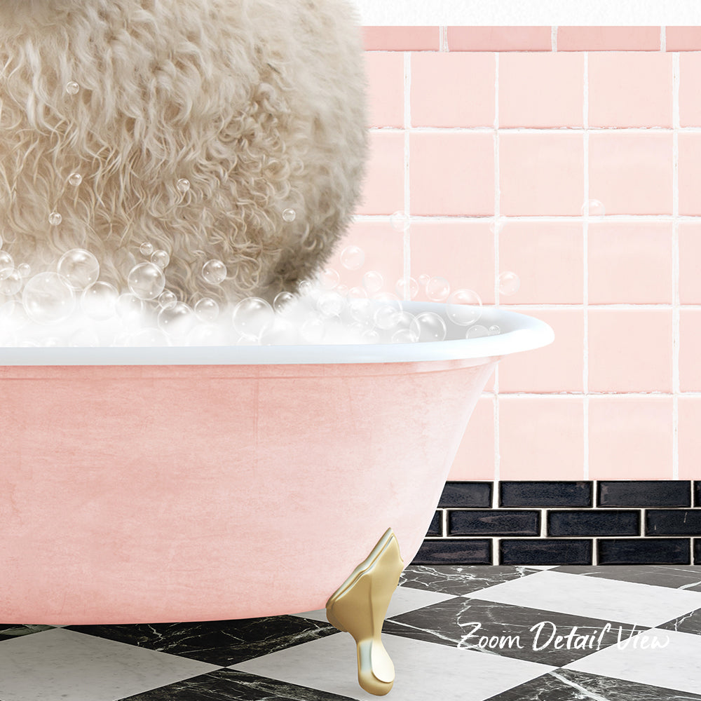 A fluffy white dog is sitting in a pink bathtub filled with bubbles, with a pink tiled wall in the background.