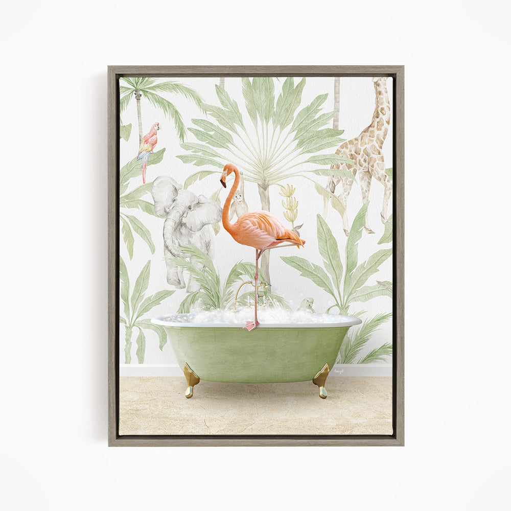 A framed print depicting a pink flamingo standing in a green bathtub, surrounded by tropical foliage and other animals.