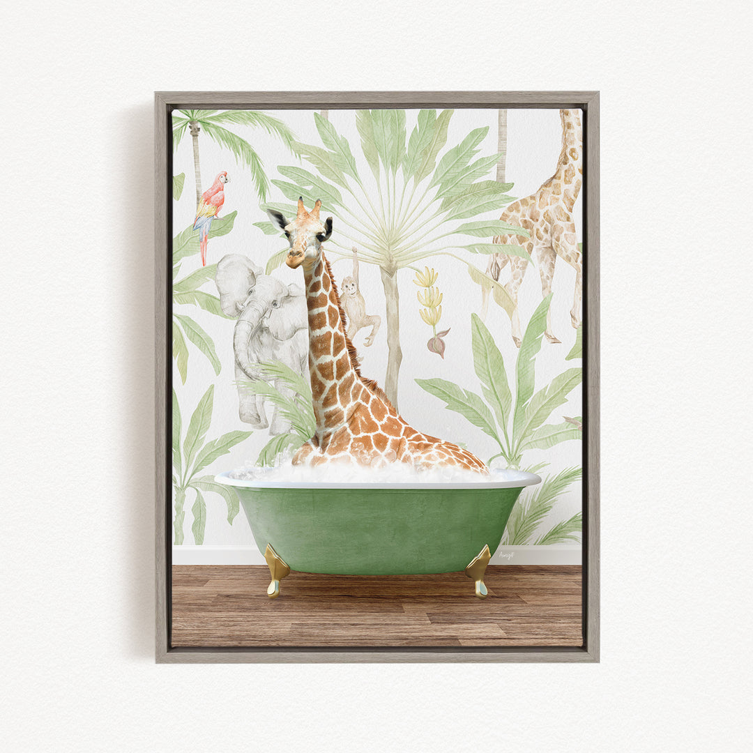 A giraffe sitting in a green bathtub surrounded by tropical foliage, including palm trees and other animals.