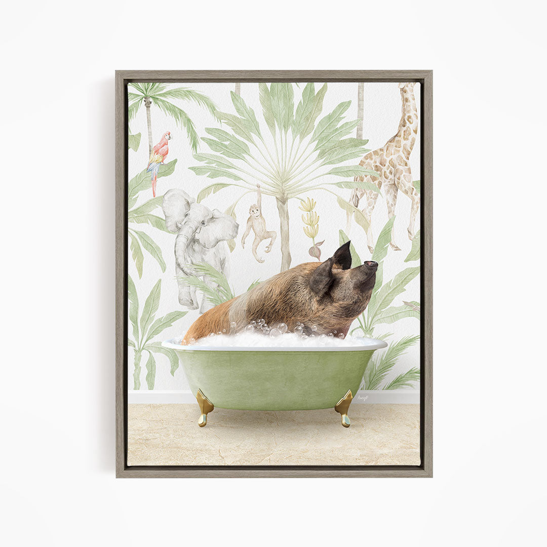 A pig is sitting in a green bathtub filled with water, surrounded by various animals such as a giraffe, parrot, and monkey, all set against a tropical jungle backdrop.