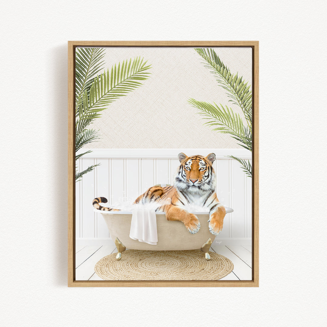 A tiger is sitting in a bathtub filled with water, surrounded by palm leaves, creating a whimsical and playful scene.