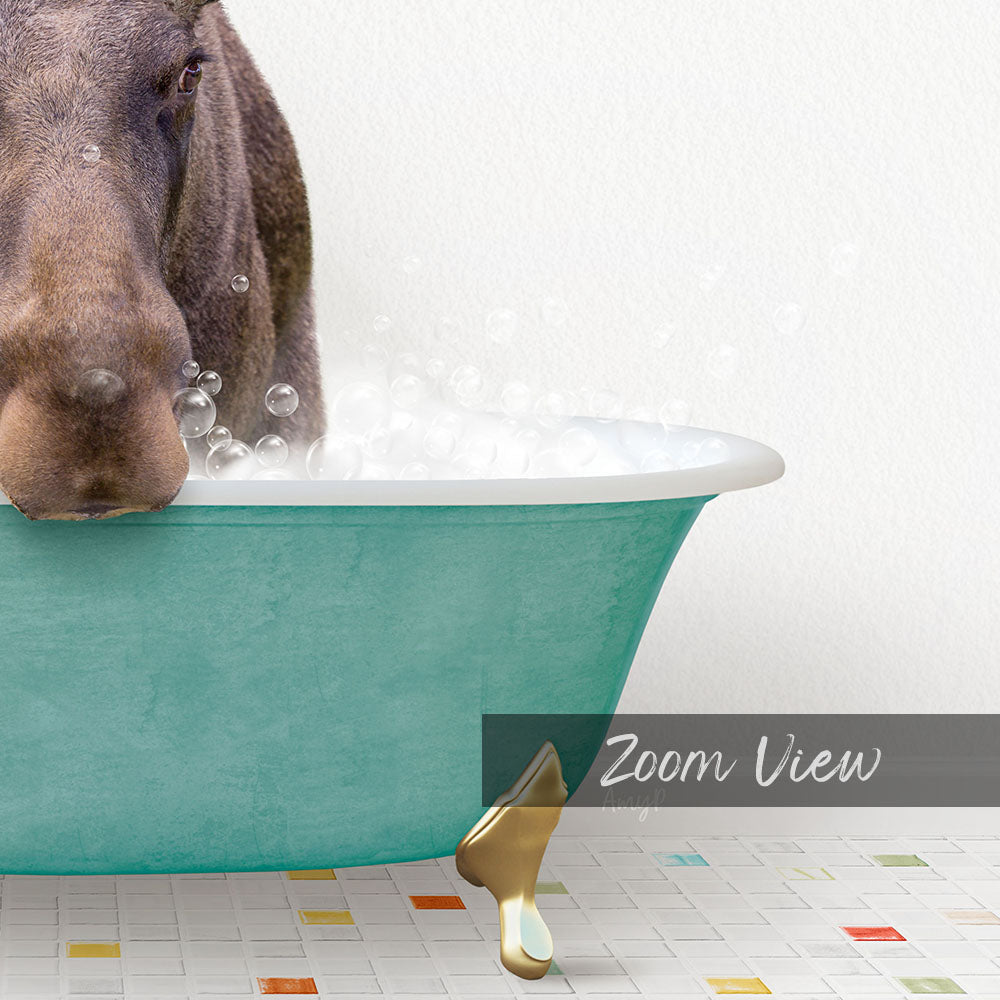 A dog is standing in a green bathtub filled with bubbles, with a text overlay that reads "Zoom View".