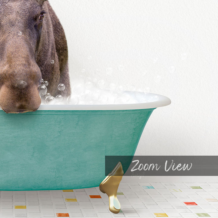A dog is standing in a green bathtub filled with bubbles, with a text overlay that reads "Zoom View".