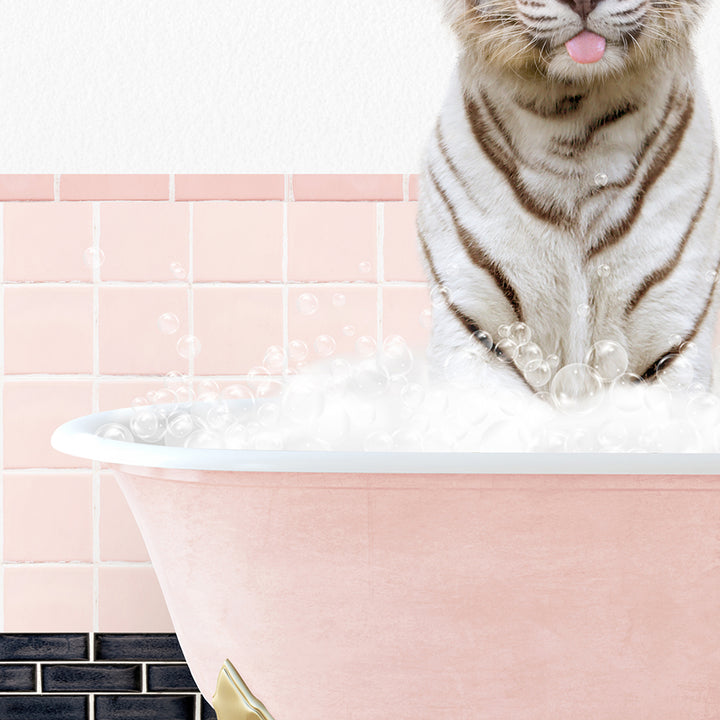 a tiger sitting in a bathtub filled with foam