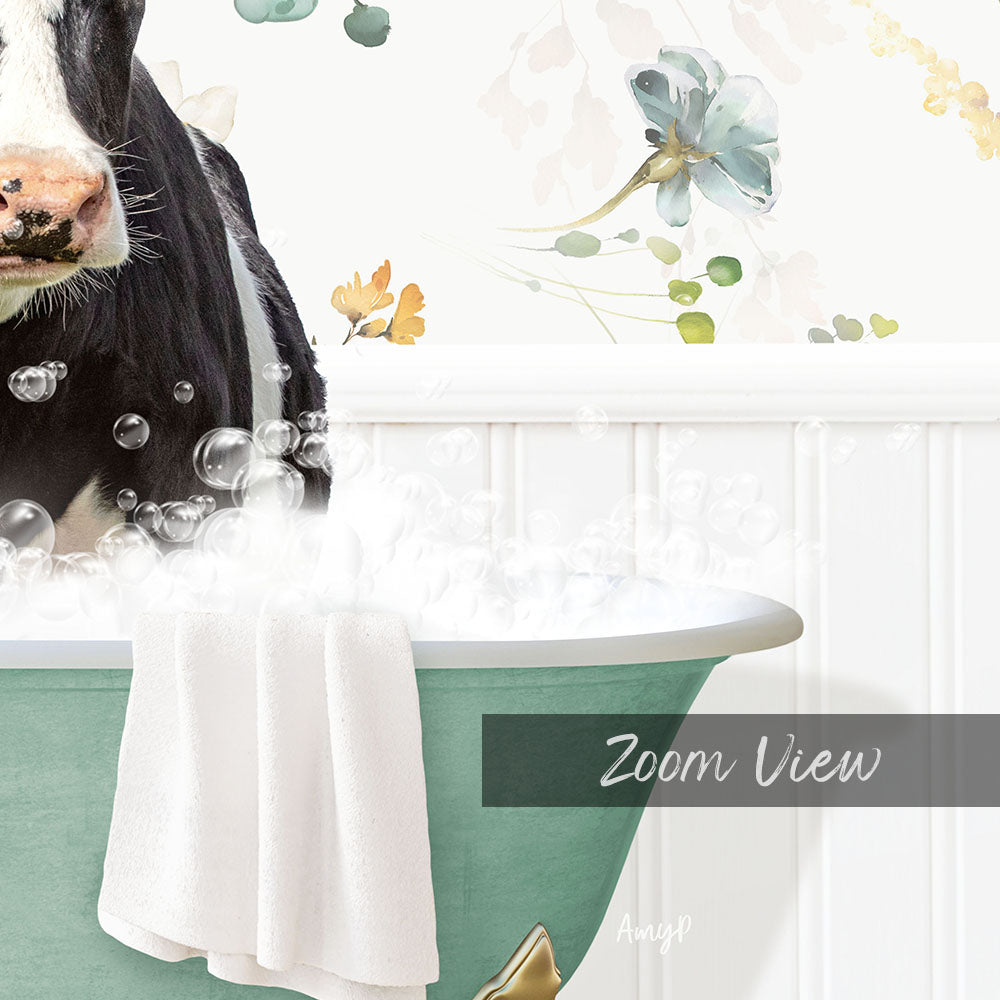 A cow is sitting in a bathtub filled with bubbles, surrounded by a floral wallpaper and a white towel.