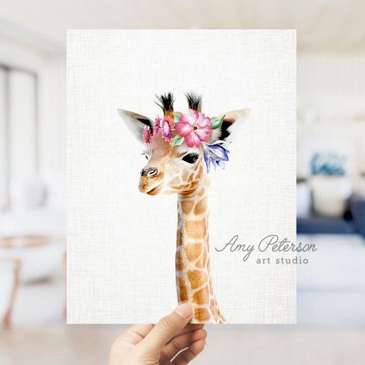 a giraffe with a flower crown on its head