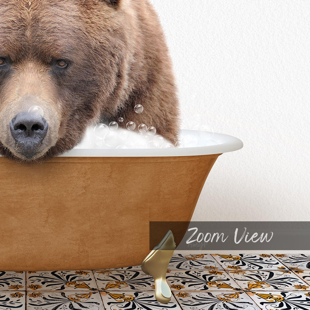A close-up of a brown bear sitting in a bathtub filled with bubbles, with a text overlay that reads "Zoom View".