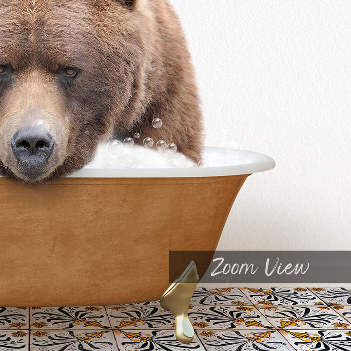 A close-up of a brown bear sitting in a bathtub filled with bubbles, with a text overlay that reads "Zoom View".
