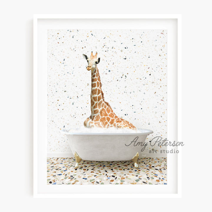 a giraffe is sitting in a bathtub