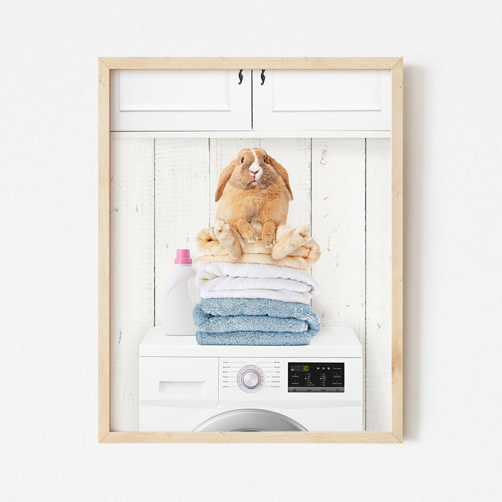 a rabbit sitting on top of a stack of towels