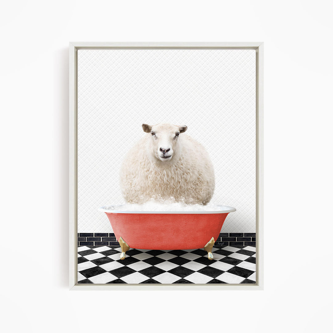 A fluffy white sheep sits in a red bathtub filled with bubbles, surrounded by a black and white checkered floor.