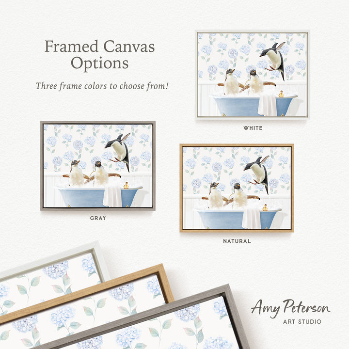 The image is a framed canvas with three different frame colors to choose from: white, gray, and natural. The canvas displays a scene of penguins bathing in a blue tub, with a floral pattern on the wall behind them.