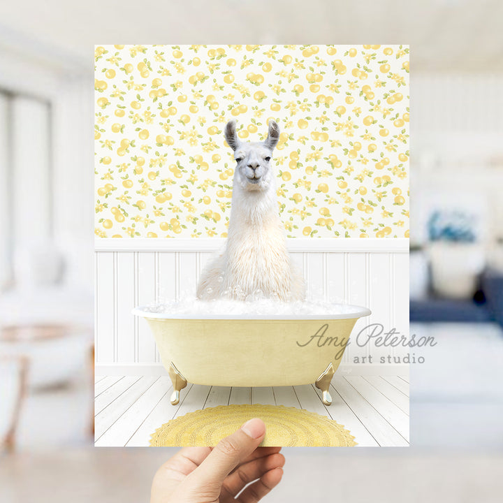 a llama sitting in a bathtub with a yellow wallpaper behind it