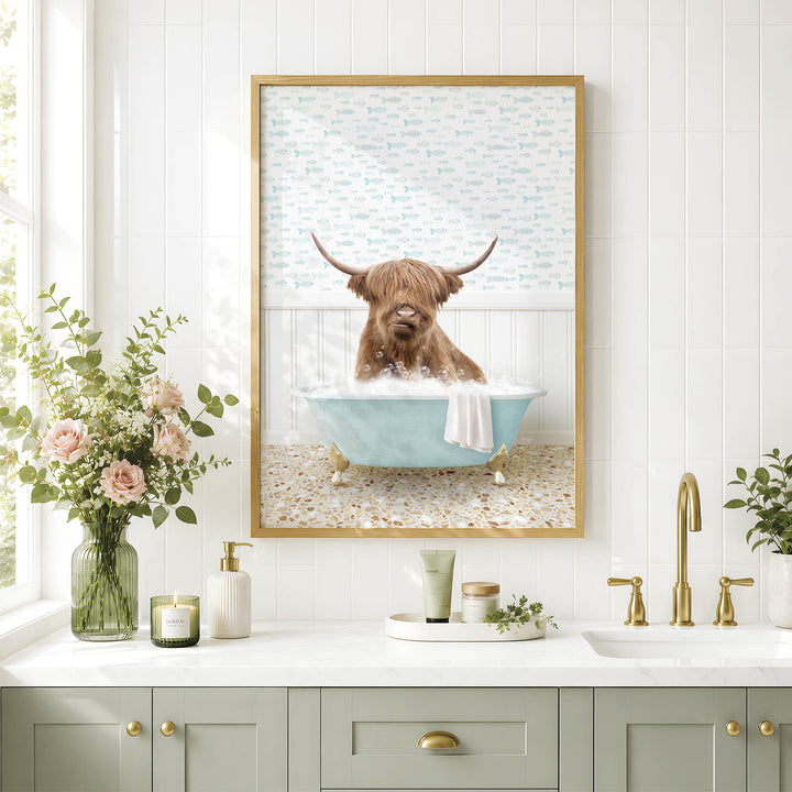 a bathroom scene with a framed picture of a Highland cow sitting in a bathtub, surrounded by flowers and a vase.