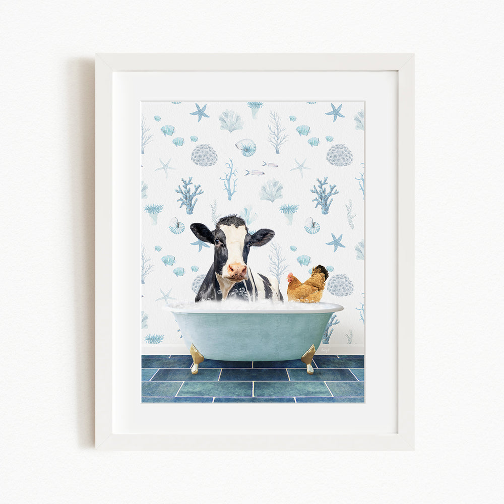 A cow is sitting in a bathtub filled with water, surrounded by a chicken and a bird, against a backdrop of blue and white seashells and starfish.