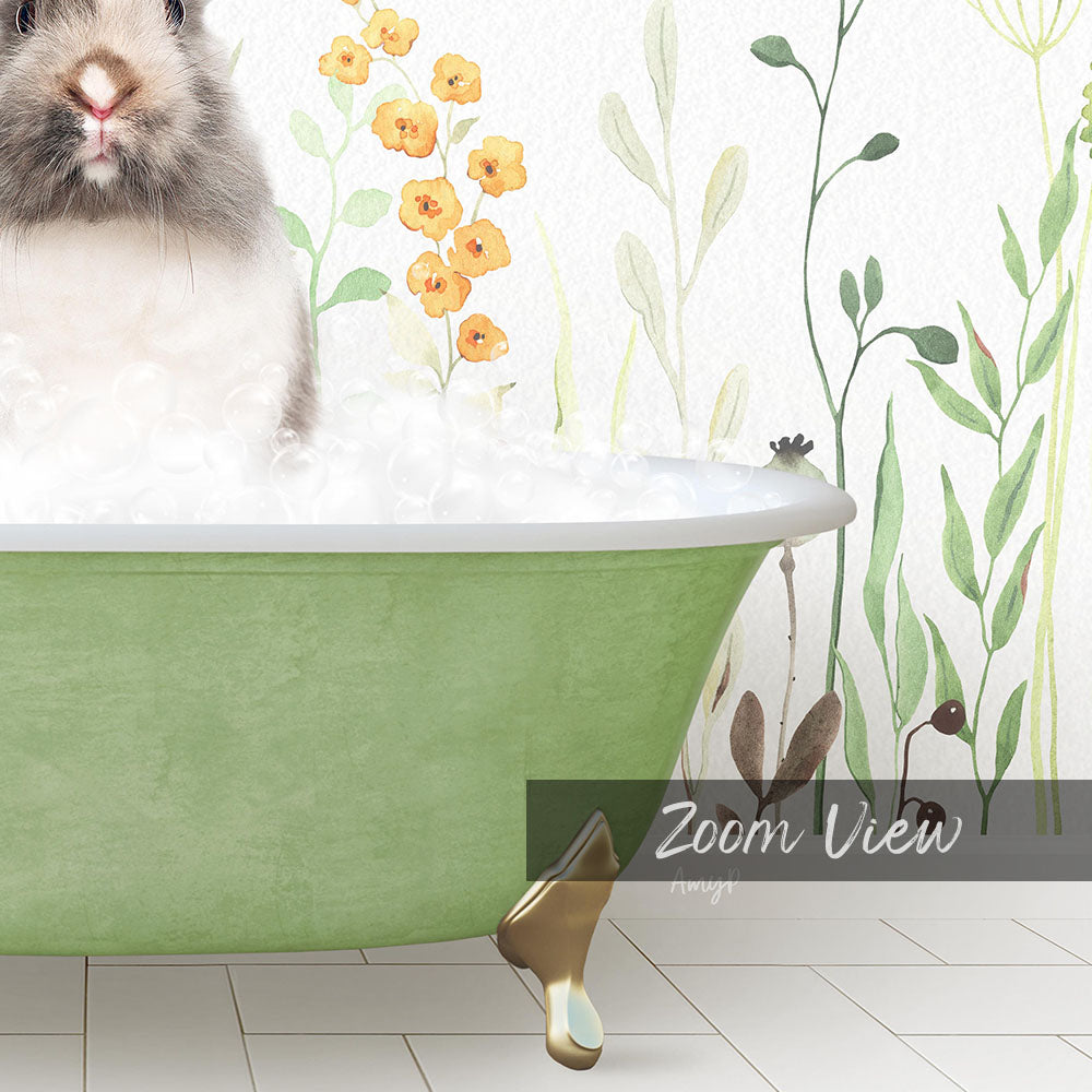 A cute rabbit sitting in a green bathtub filled with bubbles, surrounded by a floral wallpaper.