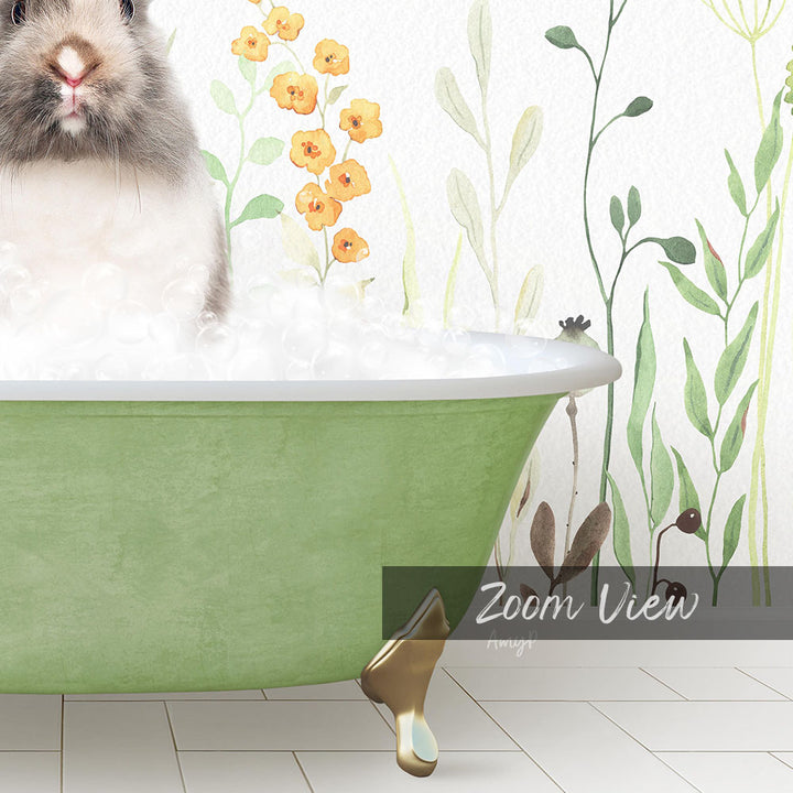 A cute rabbit sitting in a green bathtub filled with bubbles, surrounded by a floral wallpaper.