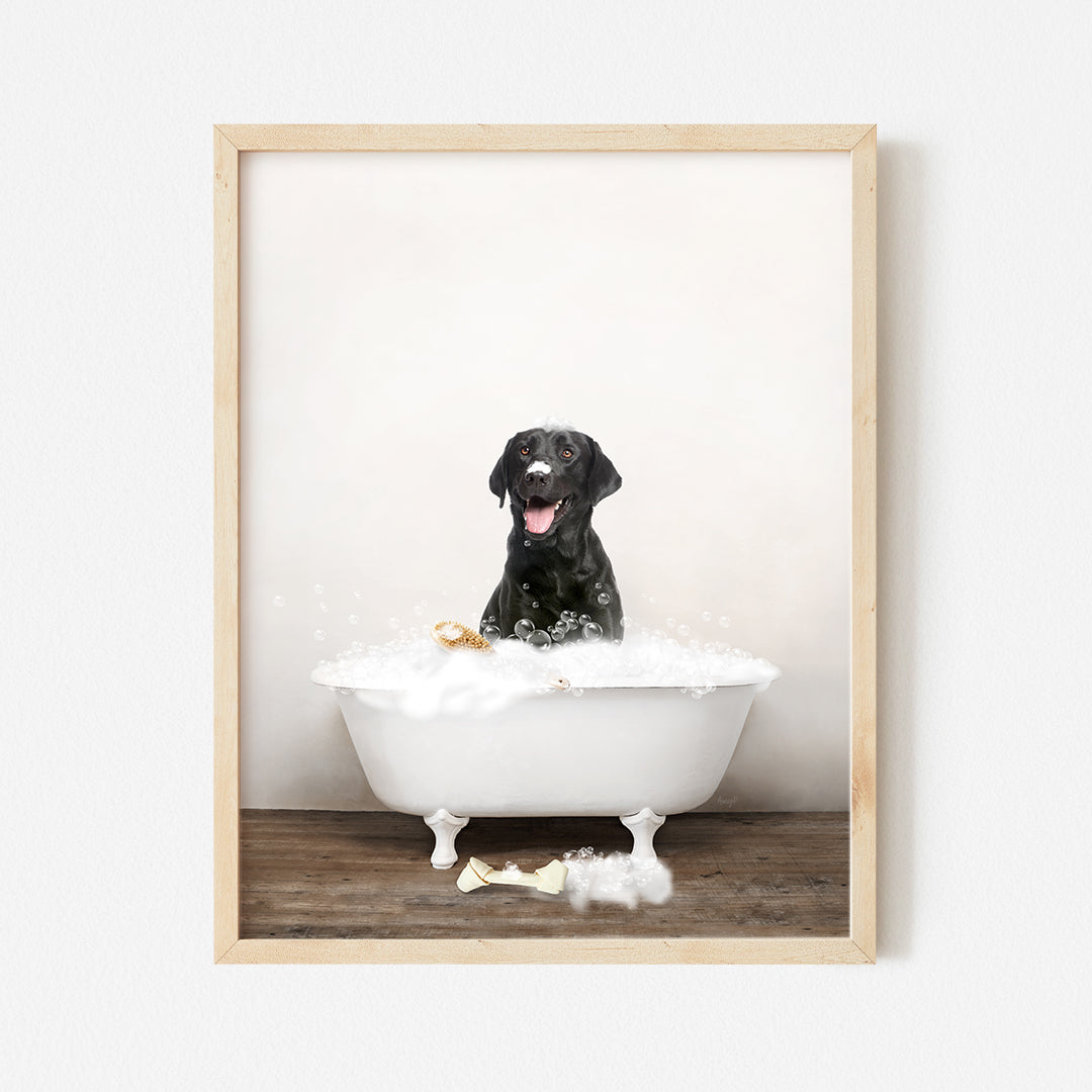 a black dog sitting in a bathtub filled with foam