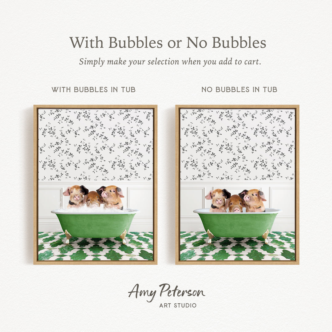 The image is a collage of two framed pictures, each depicting a group of hamsters sitting in a green bathtub. The text above the images reads "With Bubbles or No Bubbles Simply make your selection when you add to cart." The text below the images reads "WITH BUBBLES IN TUB" and "NO BUBBLES IN TUB," indicating the presence or absence of bubbles in the bathtub.