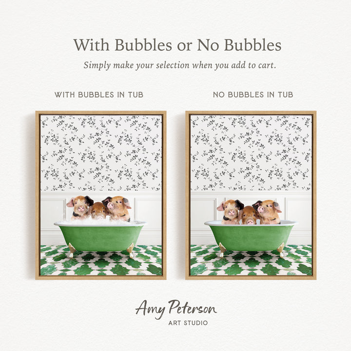 The image is a collage of two framed pictures, each depicting a group of hamsters sitting in a green bathtub. The text above the images reads "With Bubbles or No Bubbles Simply make your selection when you add to cart." The text below the images reads "WITH BUBBLES IN TUB" and "NO BUBBLES IN TUB," indicating the presence or absence of bubbles in the bathtub.