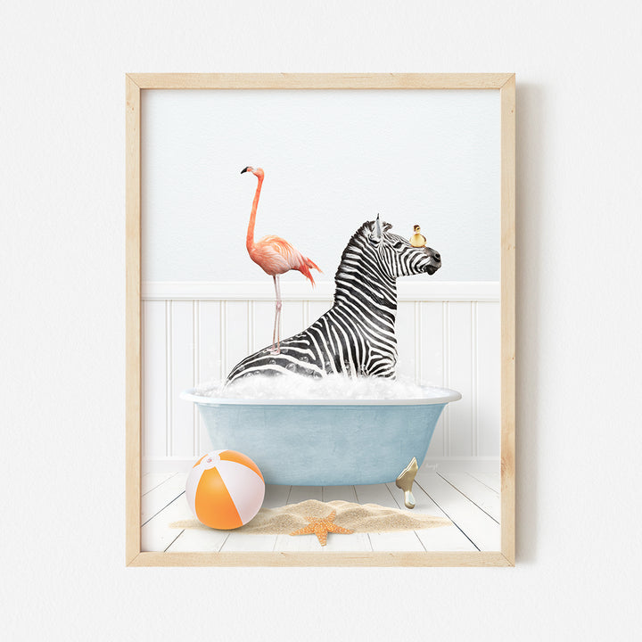 a picture of a zebra and a flamingo in a bathtub