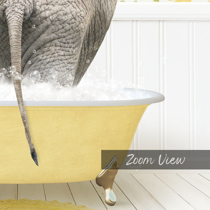 A large elephant is standing in a yellow bathtub filled with bubbles, with its trunk submerged in the water.