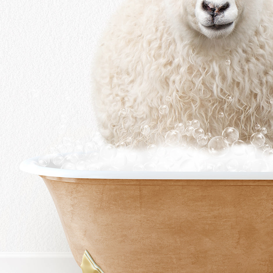 a sheep is sitting in a bathtub with bubbles