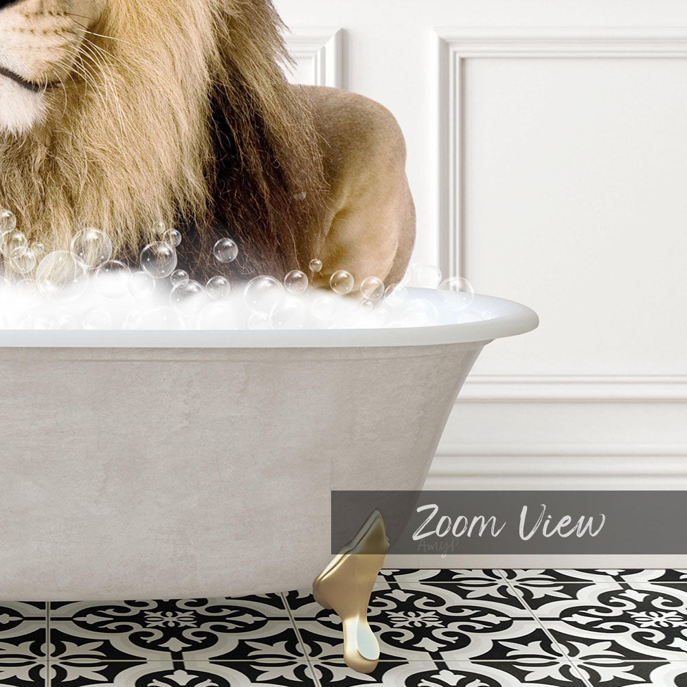 A lion is sitting in a bathtub filled with bubbles, creating a whimsical and playful scene.