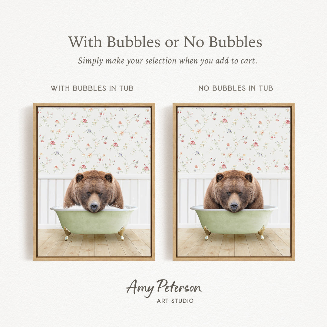 The image is a collage of two pictures featuring a bear sitting in a bathtub. The bear is brown and appears to be resting or sleeping in the tub. The text above the images reads "With Bubbles or No Bubbles" and below the images, it says "Simply make your selection when you add to cart."