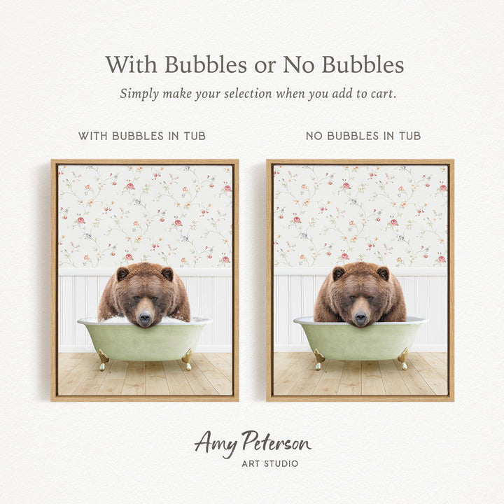 The image is a collage of two pictures featuring a bear sitting in a bathtub. The bear is brown and appears to be resting or sleeping in the tub. The text above the images reads "With Bubbles or No Bubbles" and below the images, it says "Simply make your selection when you add to cart."