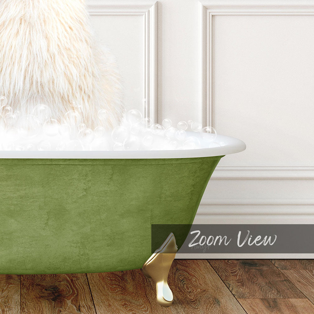 A green claw-foot bathtub filled with bubbles, with a fluffy white object, possibly a cat, emerging from the water.