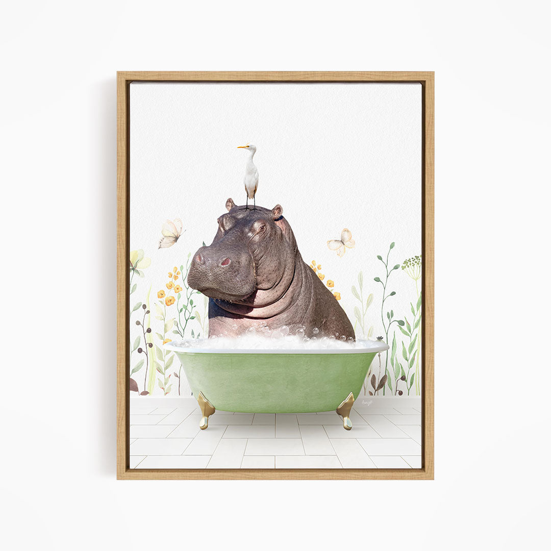 A hippopotamus sitting in a green bathtub, with a seagull perched on its head.