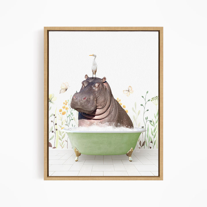 A hippopotamus sitting in a green bathtub, with a seagull perched on its head.