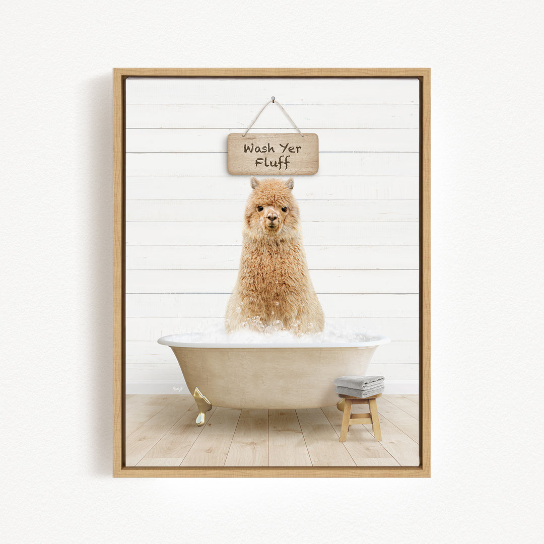 A fluffy alpaca sitting in a bathtub, with a sign above it that says "Wash Yer Fluff".