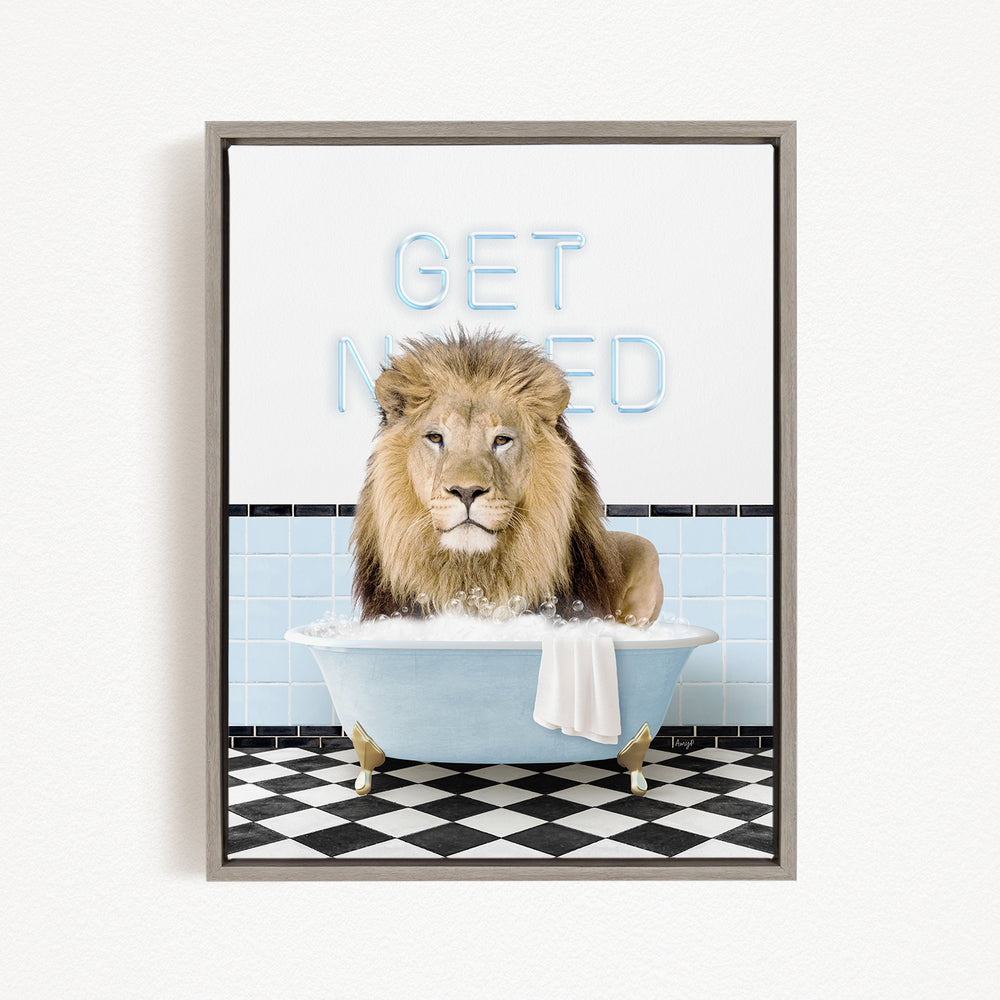A lion sitting in a bathtub with the words "GET NEEDED" written on the wall behind it.