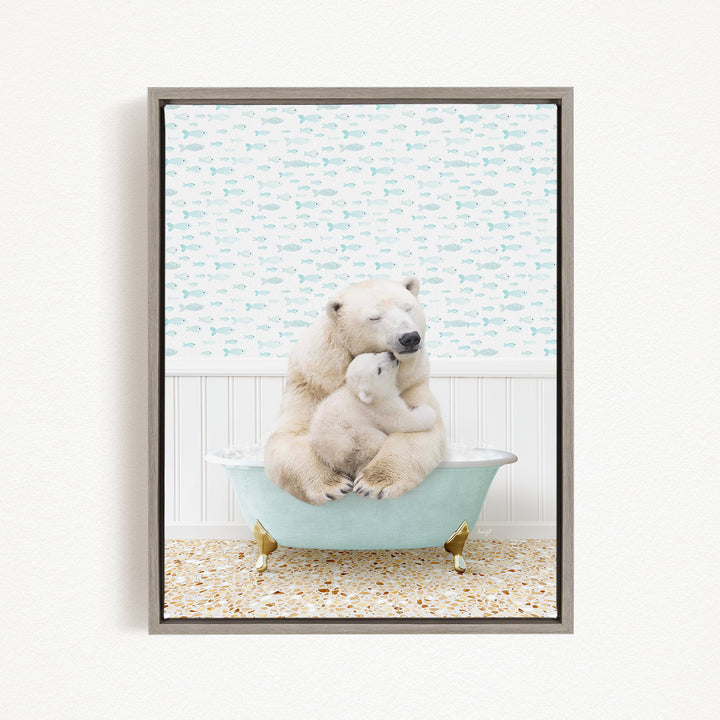 A polar bear is sitting in a bathtub, with another polar bear resting on its lap, creating a heartwarming scene.